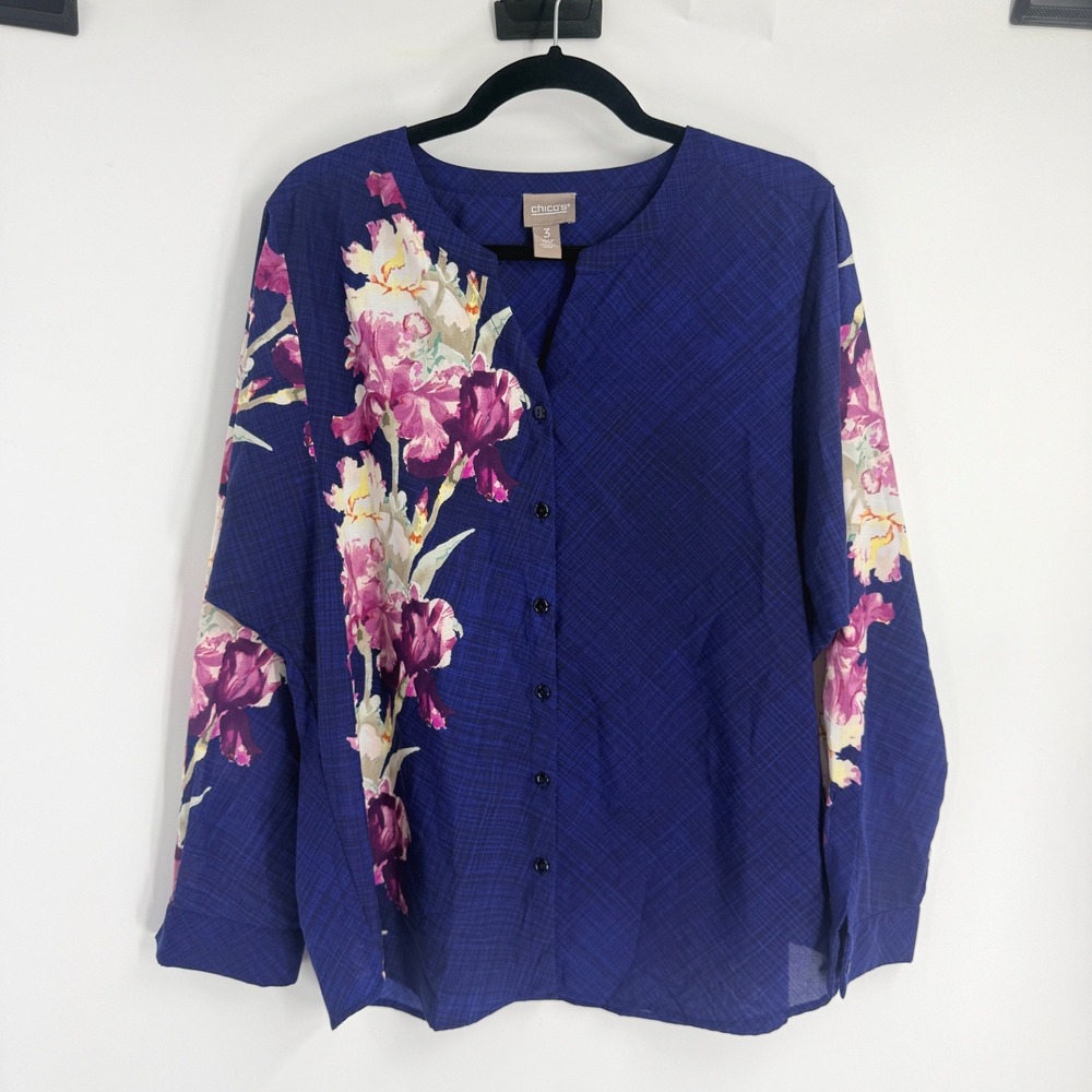 Chico's Navy Blue Floral Button Front Split Neck Blouse Top Size 3 XL Print